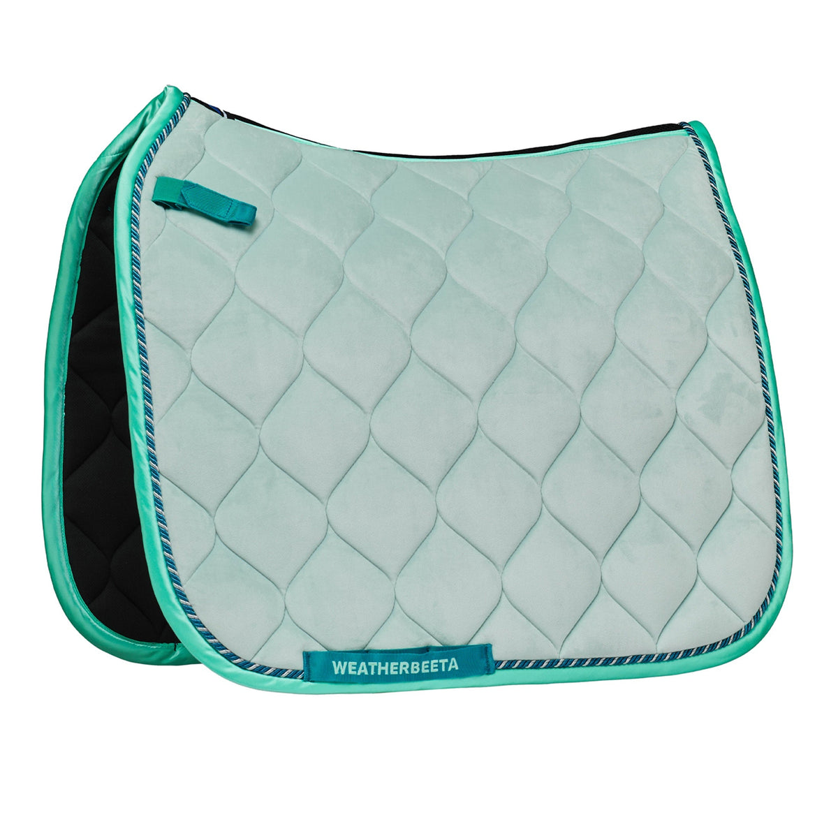 A quilted equestrian saddle pad in a light mint green color with a diamond pattern, featuring teal trim and a black interior lining. The brand name 'WEATHERBEETA' is visible on a teal label at the bottom front.