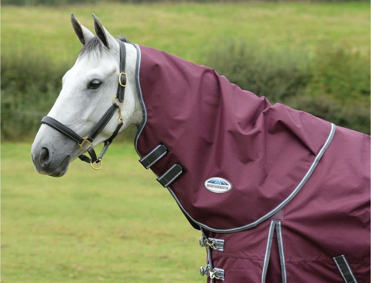A horse wearing a maroon WeatherBeeta ComFiTec Plus Dynamic II Neck Rug with a field in the background.